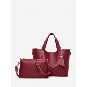 2Pcs Solid Casual Tote Bag Set - Red Wine