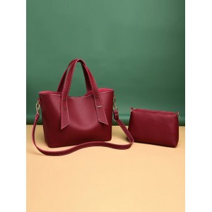 2Pcs Solid Casual Tote Bag Set - Red Wine