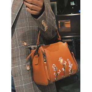 Embroidered Flower Solid Shoulder Bag - Brown