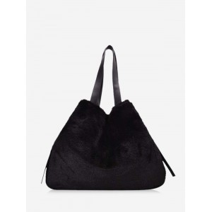 Faux Fur Solid Big Shoulder Bag - Black