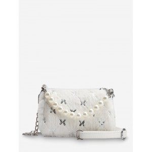 Faux Pearl Sequin Quilted Fuzzy Crossbody Bag - White