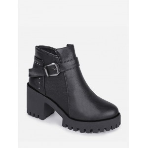 Chunky Heel Buckle and Rivet Embellished PU Leather Ankle Boots - Black Eu 39