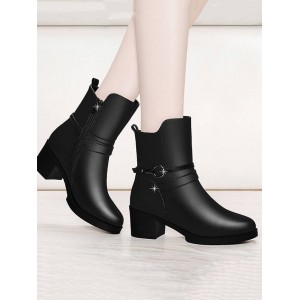 Circle Strap Chunky Heel Mid Calf Boots - Black Eu 39