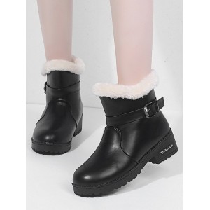 Buckle Strap PU Leather Faux Fur Ankle Boots - Black Eu 40