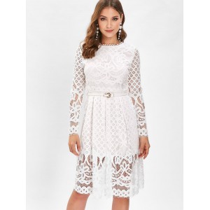 Belted Lace A Line Dress - White M