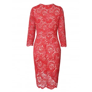 Asymmetric Lace Dress with Sleeves - Red 2xl