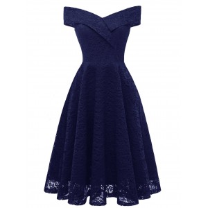 Lace Off Shoulder Flare Party Dress - Midnight Blue M