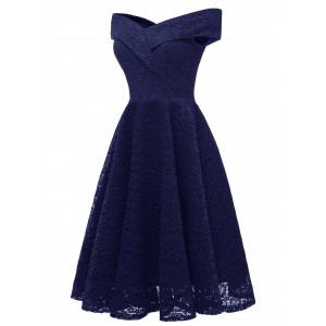 Lace Off Shoulder Flare Party Dress - Midnight Blue M