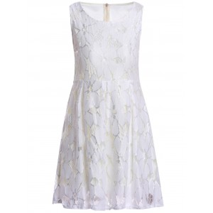 Jacquard Pleated Sleeveless Lace Dress - White M