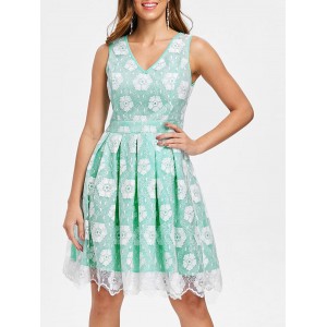 Floral Lace Panel Sleeveless Vintage A Line Dress - Macaw Blue Green M