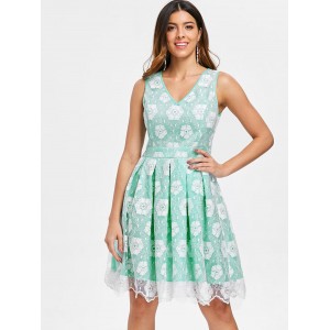 Floral Lace Panel Sleeveless Vintage A Line Dress - Macaw Blue Green M