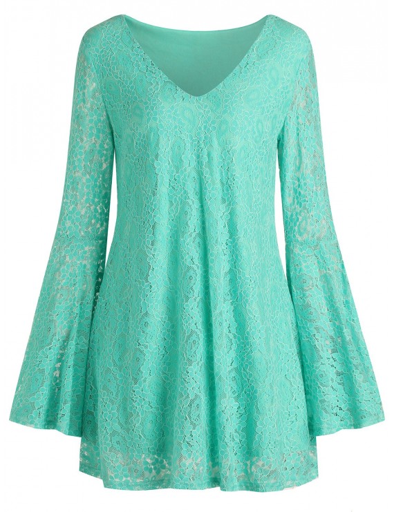 Bell Sleeve Mini Lace Dress - Mint Green M