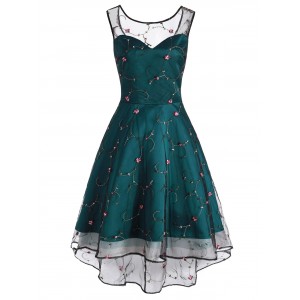 Floral Embroidered Sleeveless Lace Prom Dress - Dark Green S