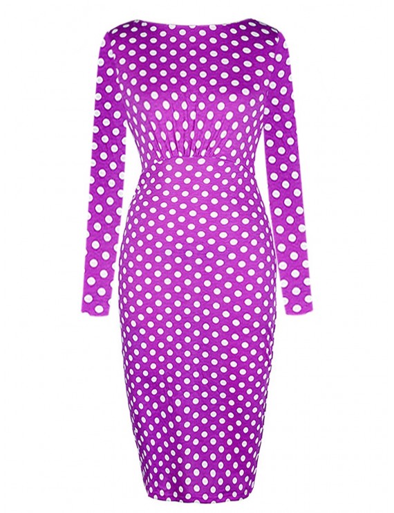 Dot Printed Round Neck Long Sleeves Ruffled Pencil Dress - Purple M