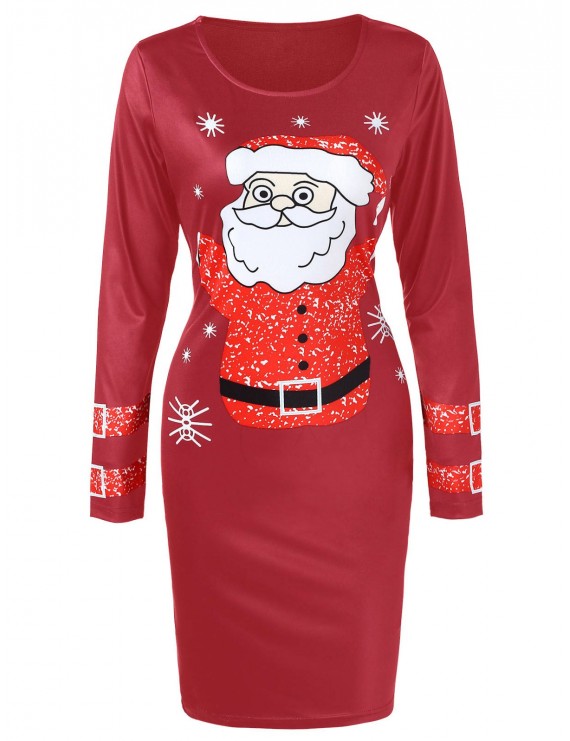 Christmas Santa Claus Printed Bodycon Dress - Red Wine M