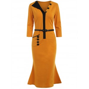 Color Trim Slim Midi Dress - Orange Gold S