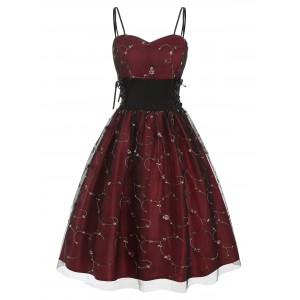 Floral Embroidered Lace Up Prom Dress - Red Wine M