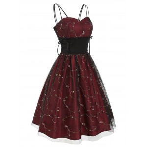 Floral Embroidered Lace Up Prom Dress - Red Wine M