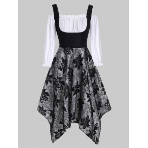 Floral Lace Overlay Frilled Cold Shoulder Dress - Black S