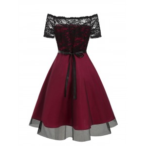 Lace Bodice Off The Shoulder Tulle Semi Formal Dress - Red Wine S