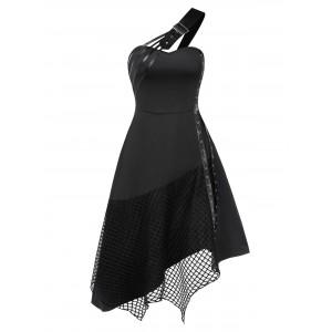 Halloween One Shoulder Buckle Grommets Fishnet Insert Gothic Dress - Black M