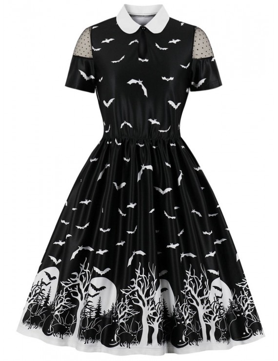 Bat Print Flat Collar Swiss Dot Panel Halloween Dress - Black L