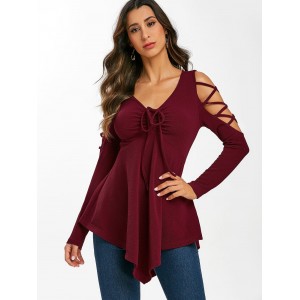 Crisscross Cold Shoulder Cinched Skirted T Shirt - Red Wine M
