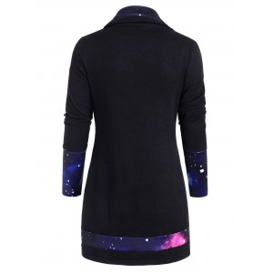 Galaxy Print Panel Mock Button Cowl Neck Sweater - Black S