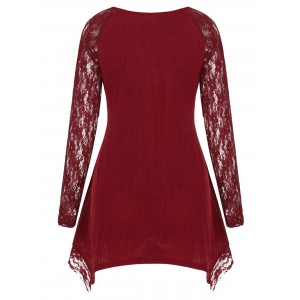 Lace Panel Raglan Sleeve Sharkbite Knitwear - Red Wine S