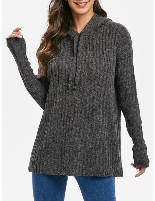 Ribbed Solid Color Loose Fit Hooded Sweater - Carbon Gray One Size