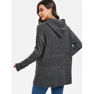 Ribbed Solid Color Loose Fit Hooded Sweater - Carbon Gray One Size