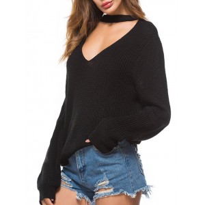 Choker Cut Out Knitted Casual Sweater - Black M