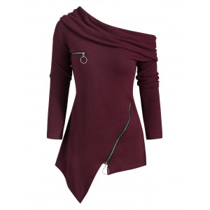 Cowl Neck Asymmetric Long Sleeves Knitwear - Red Wine S