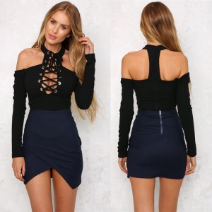 2016 New Sexy Fashion Women Bodycon Stitching Sexy Off Shouder Halter Lace-Up Hollow Out Bodysuit Tops Jumpsuit - Black L
