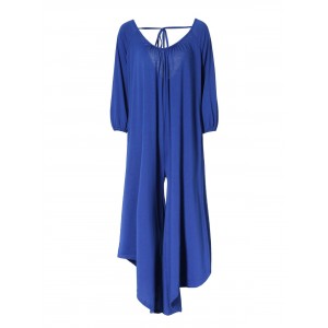 Solid Color Jumpsuit with Long Sleeve - Blue S