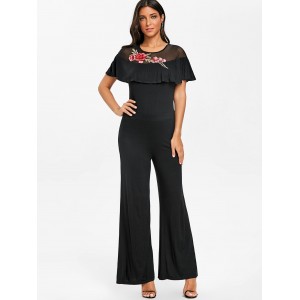 Embroidered Ruffled Wide Leg Jumpsuit - Black M