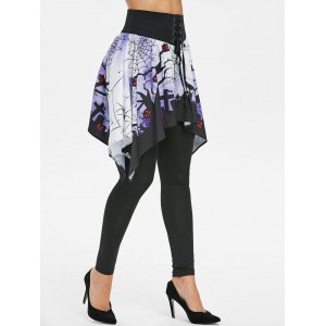 Halloween Lace Up Ghost Spider Web Skirted Leggings - Black M