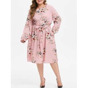 Plus Size Bohemian Floral Print Midi Dress - Pink 2x