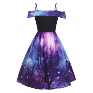 Plus Size 3D Galaxy Tree Print Hanky Hem Dress - Purple 1x