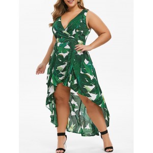 Leaves Print High Low Surplice Plus Size Dress - Green L