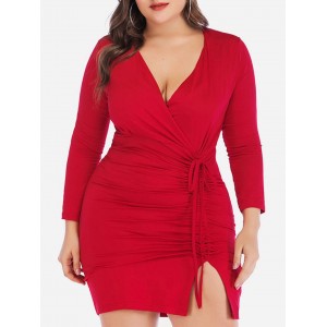 Cinched Slit Long Sleeve Surplice Plus Size Bodycon Dress - Red 1x