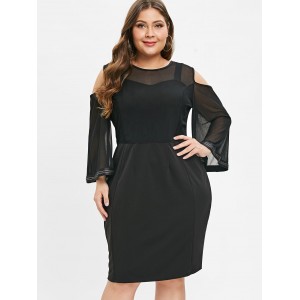 Plus Size Cold Shoulder Mesh Panel Bodycon Dress - Black L