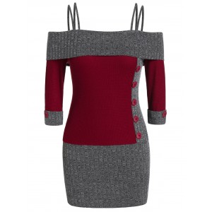 Plus Size Cold Shoulder Two Tone Knit Tight Dress - Black L