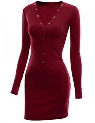 Plus Size V Neck Mini Bodycon Dress - Red Wine L