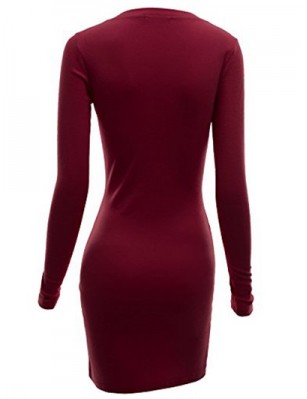 Plus Size V Neck Mini Bodycon Dress - Red Wine L