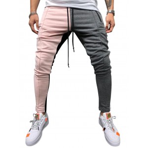 Color Block Pockets Drawstring Slim Fit Track Pants - Light Pink L