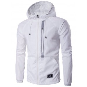 Hooded Drawstring Design Zip-Up Jacket - White M