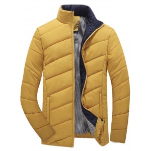 Zip Up Plaid Lining Padded Jacket - Yellow L