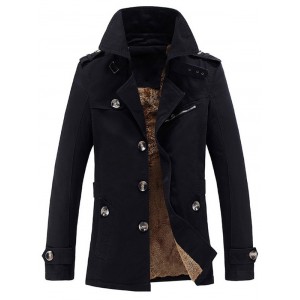 Turn-Down Collar Epaulet Embellished Single-Breasted Fleece Coat - Black Xl