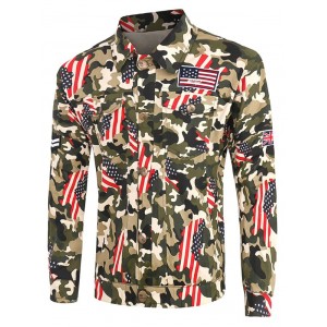Plus Size Turn-Down Collar Camouflage Star and Stripe Print Long Sleeve Cargo Jacket -  5xl